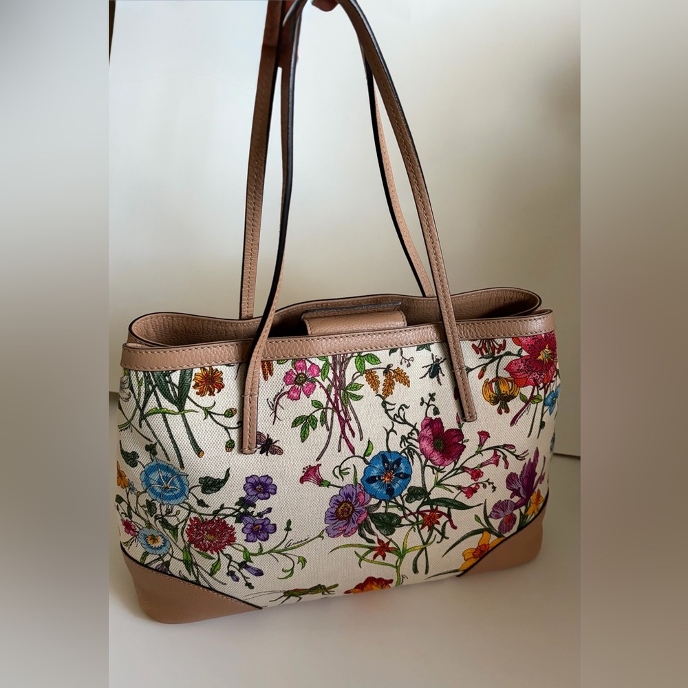 Gucci Floral Canvas Tote with Pink, Blue, Purple, Green, Yellow Accents - Picture 2 of 16